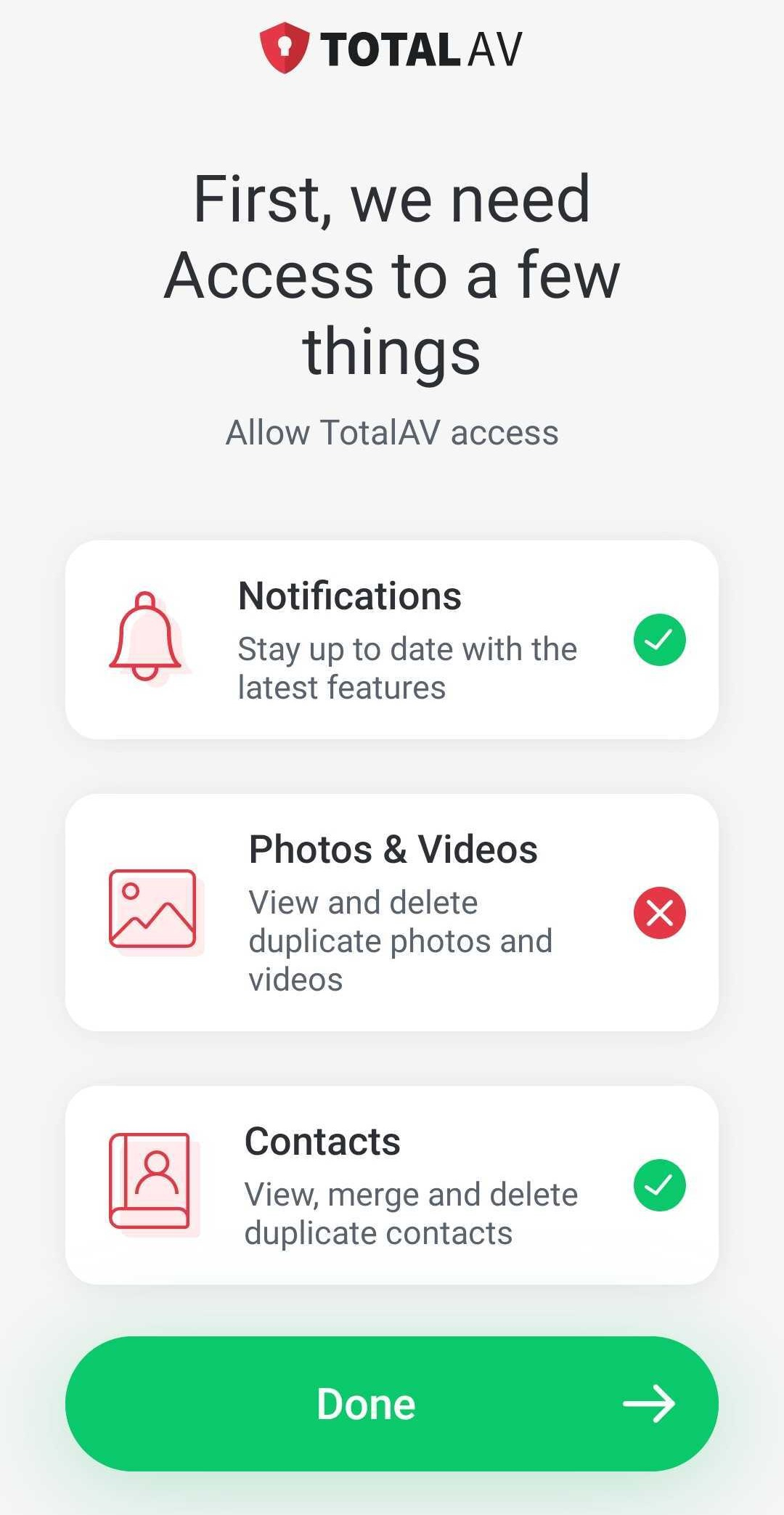 TotalAV app prompts to allow access to notifications, photos & videos, and contacts