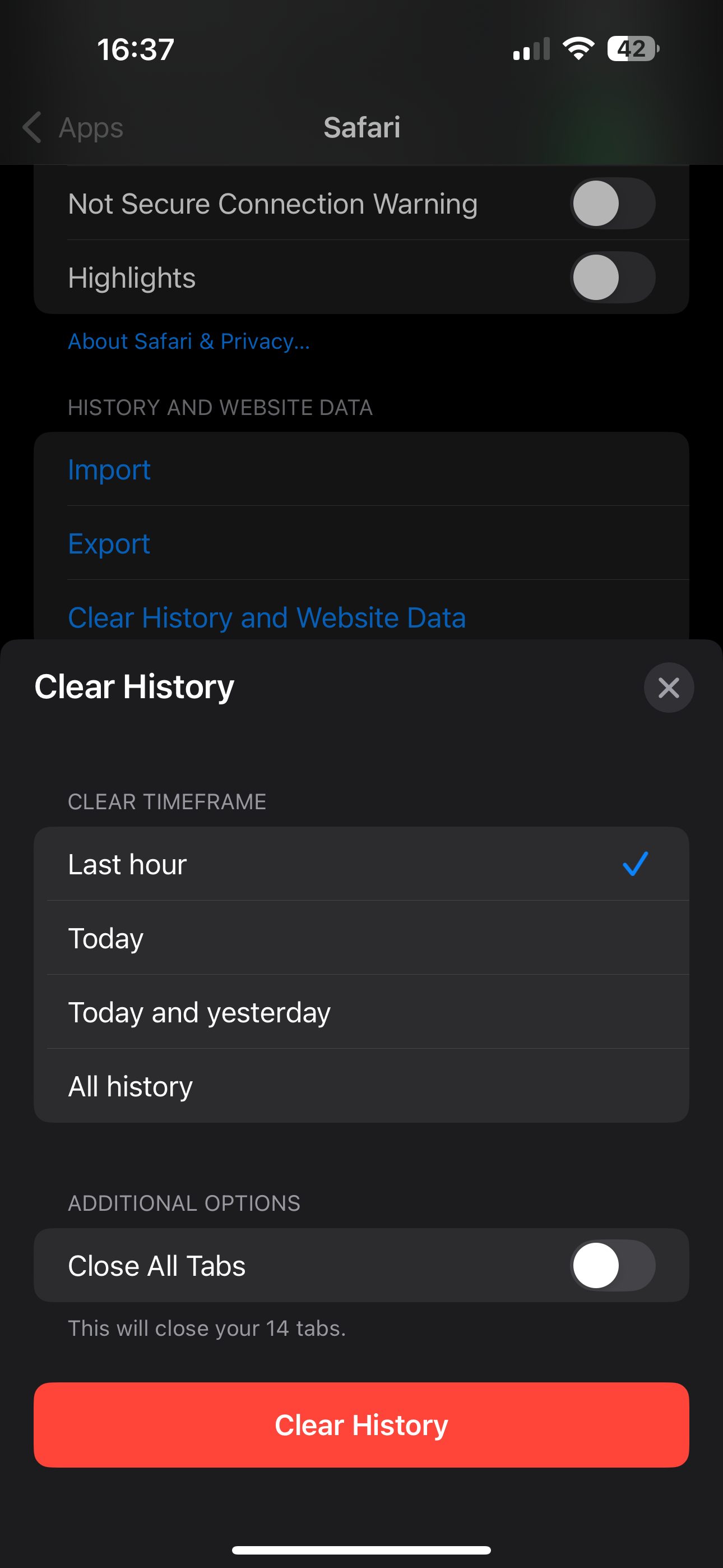 Clear iOS Safari history
