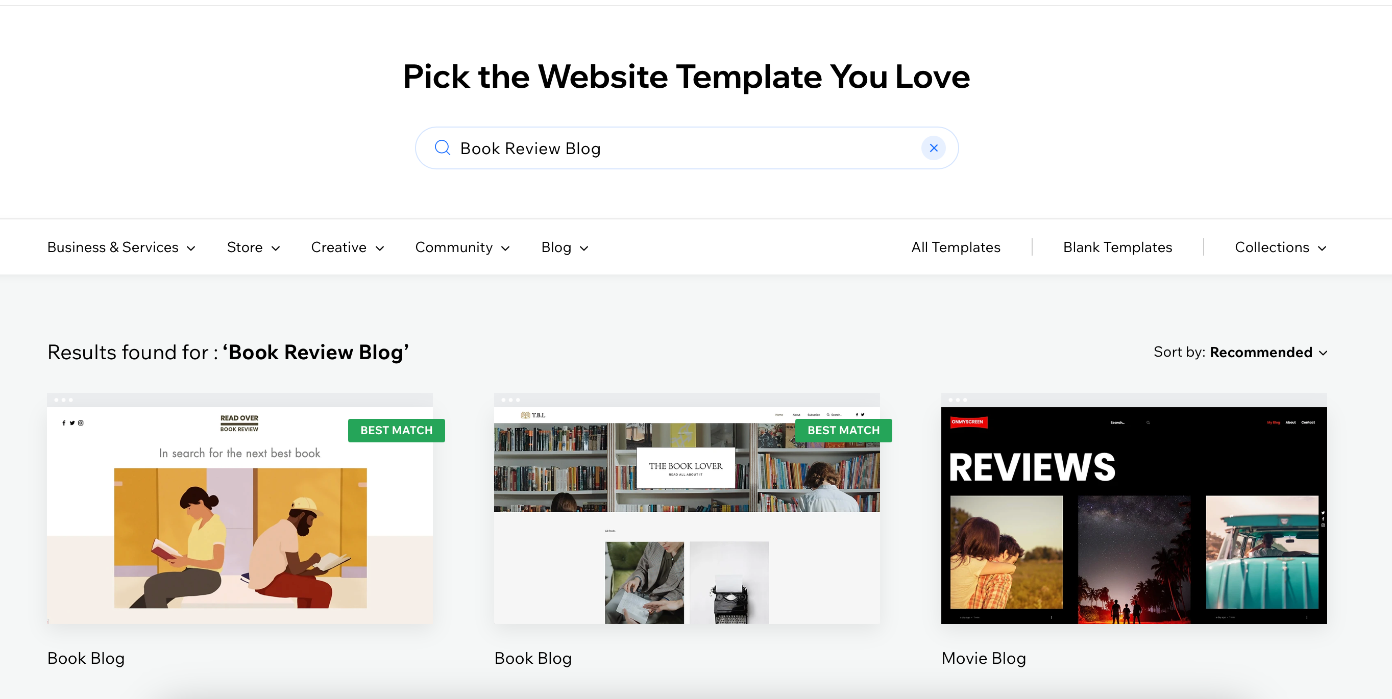 Wix template selection