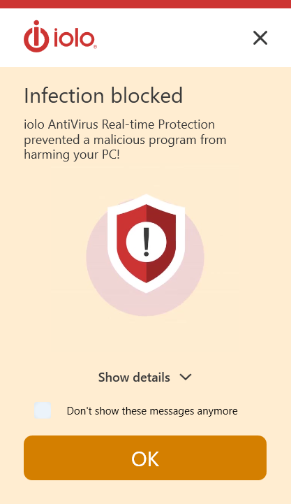 Warning from iolo that an infection was blocked from being downloaded.