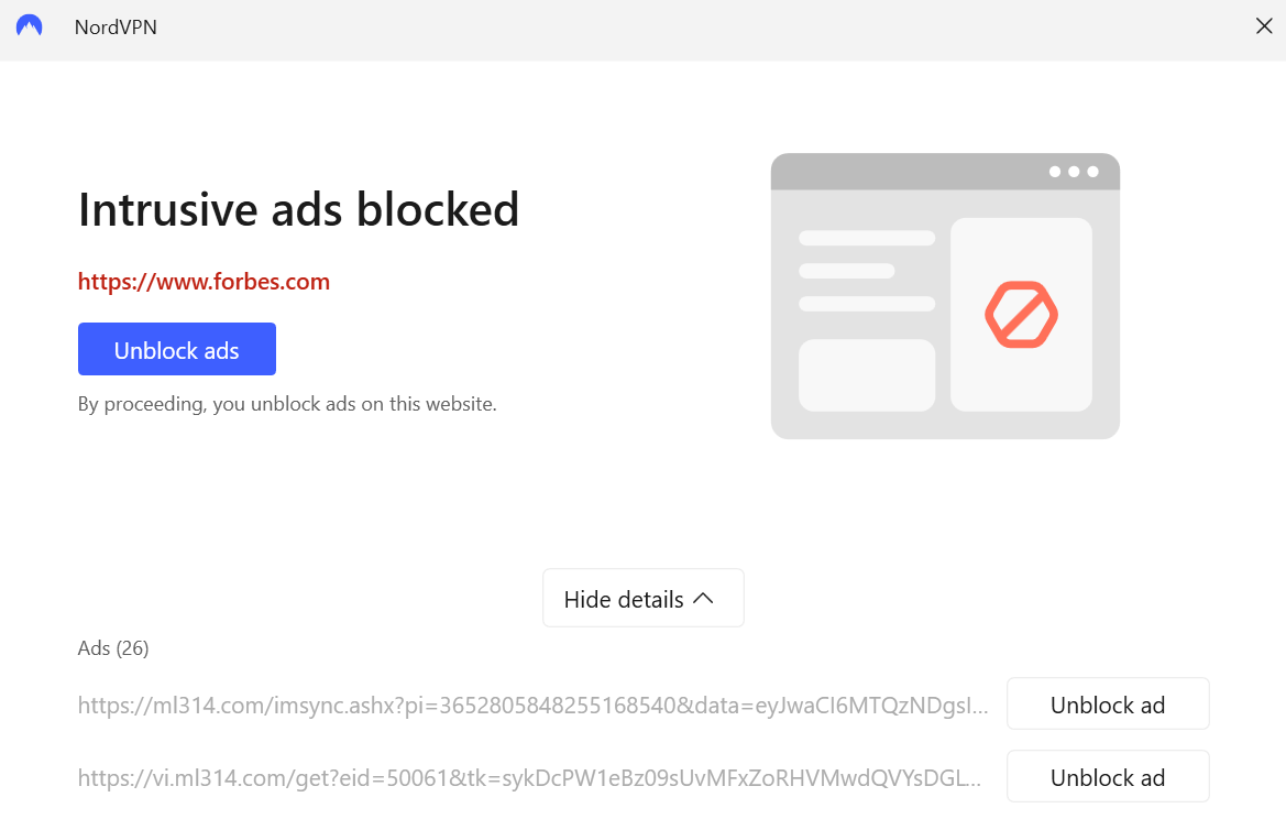 NordVPN Threat Protection Pro's list of intrusive ads blocked on Forbes.com