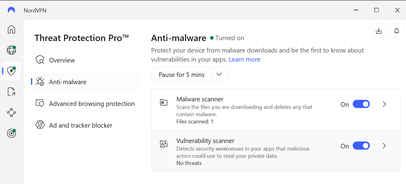 NordVPN open on Threat Protection Pro tab under anti-malware