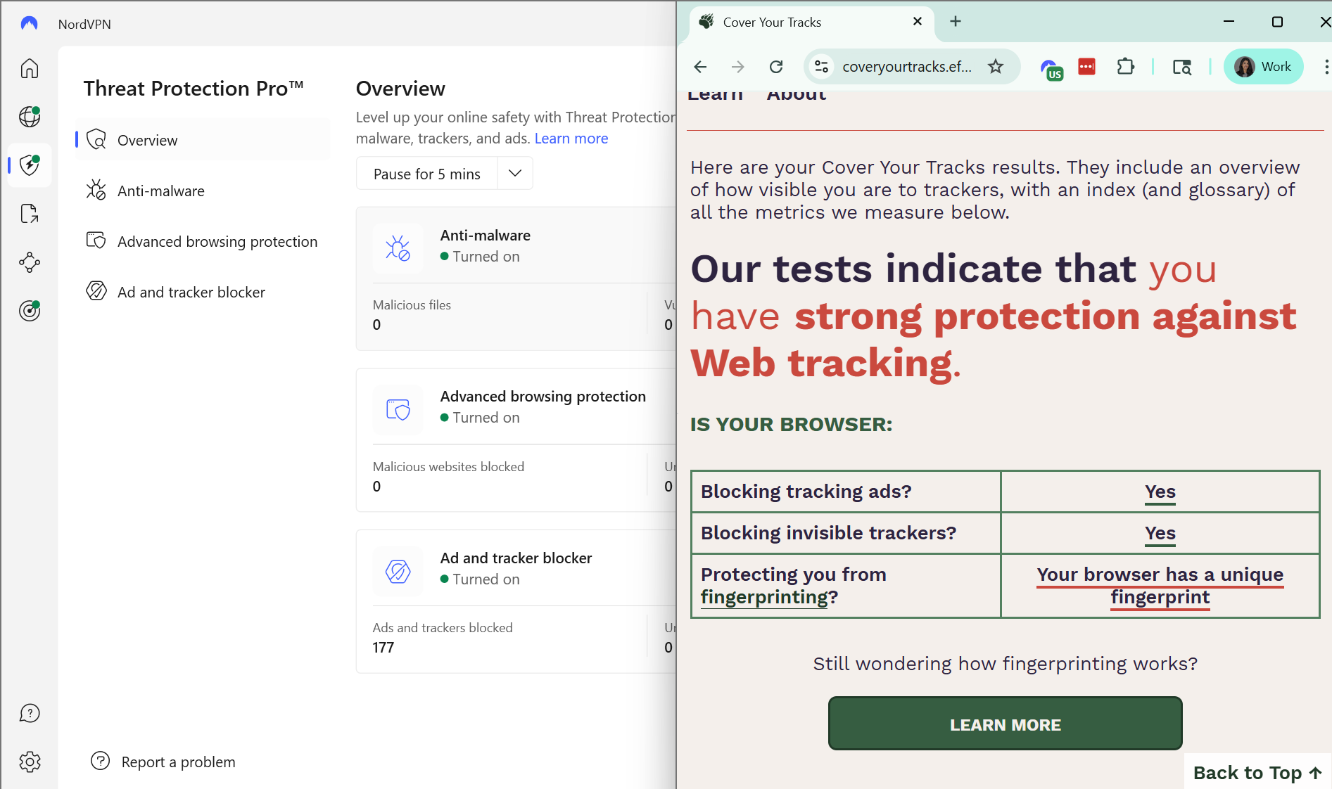 NordVPN Threat Protection's Cover Your Tracks results (2/3)