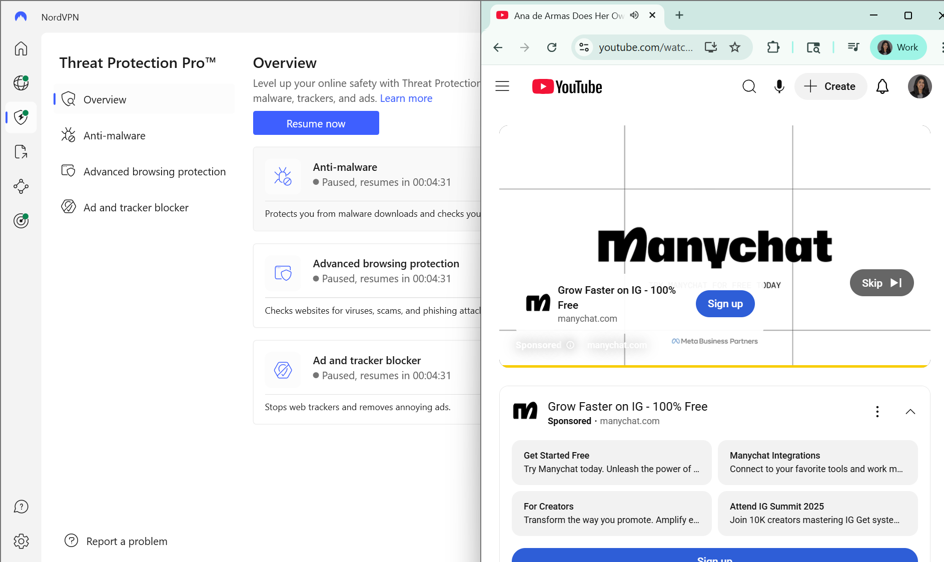 NordVPN Threat Protection Pro (paused) side-by-side with YouTube ads