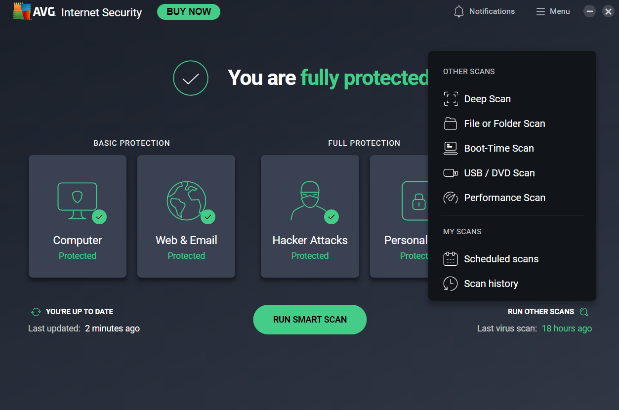 AVG dashboard with list of scans expanded