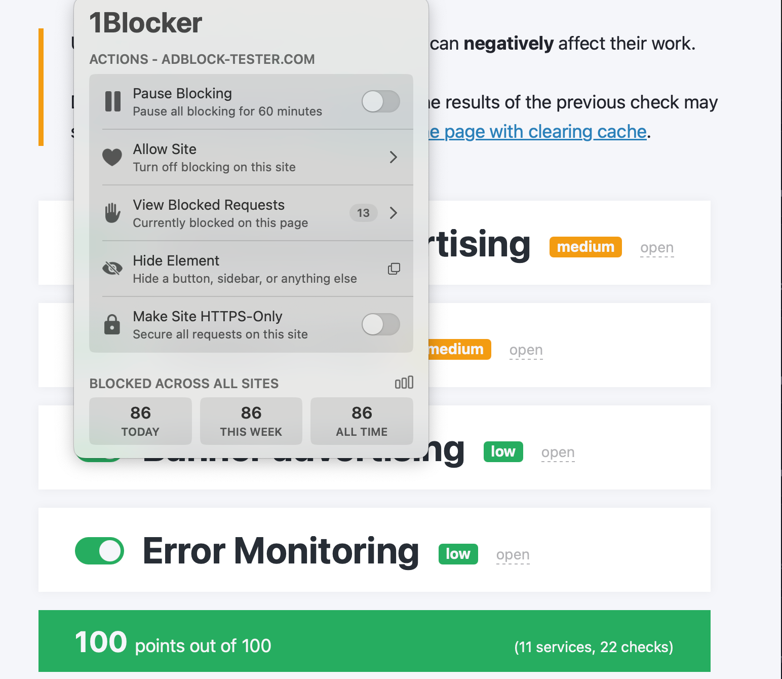 1Blocker's AdBlock Tester test results (100/100)
