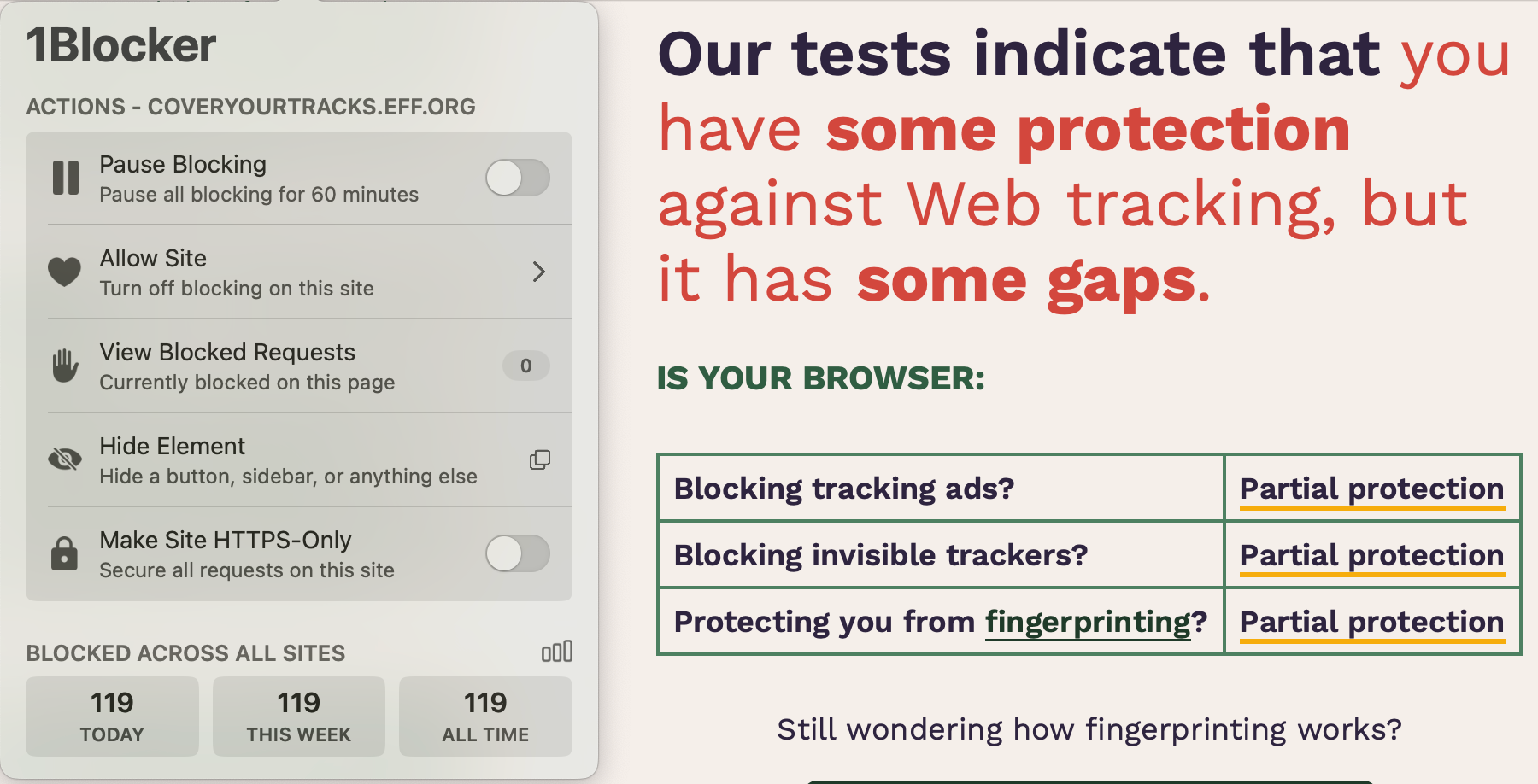1Blocker's Cover Your Tracks test results (1.5/3)