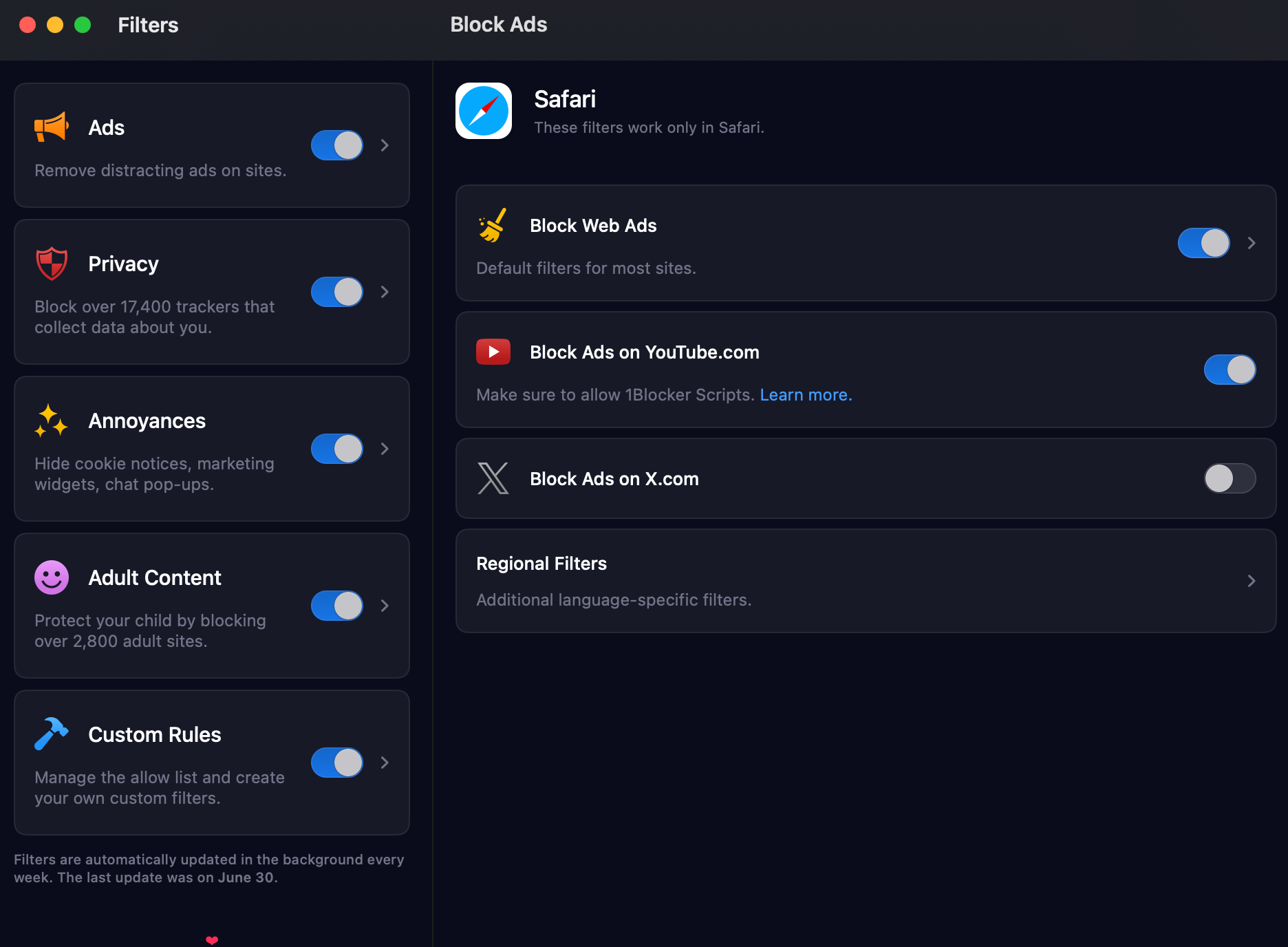 1Blocker dashboard open on Block Ads tab