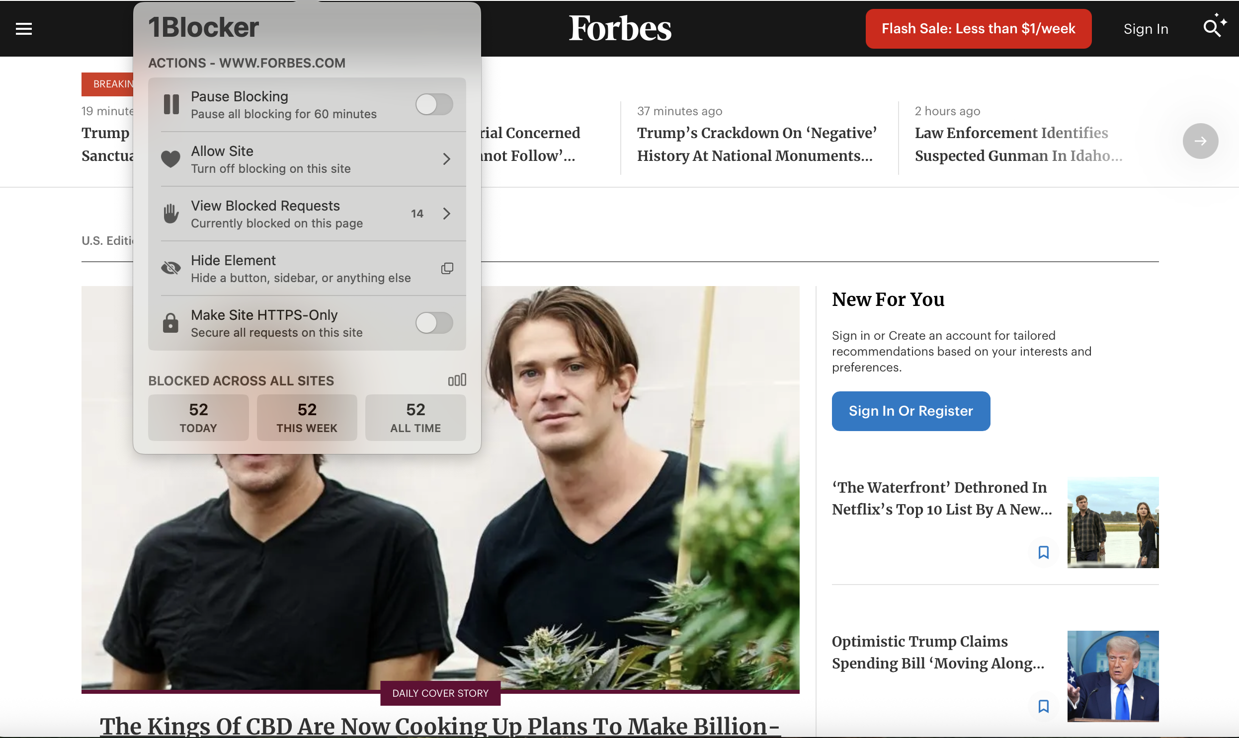 Forbes homepage with 1Blocker extension open (14 ads blocked).