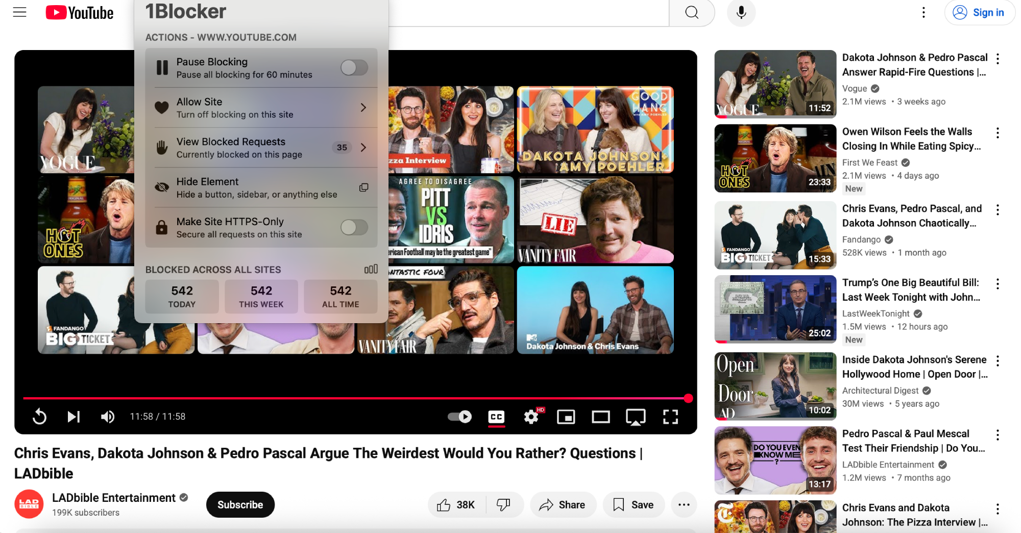 End of a YouTube video with 1Blocker extension open in the foreground
