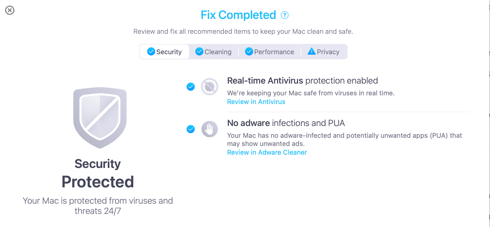 MacKeeper tab indicating real-time protection is enabled
