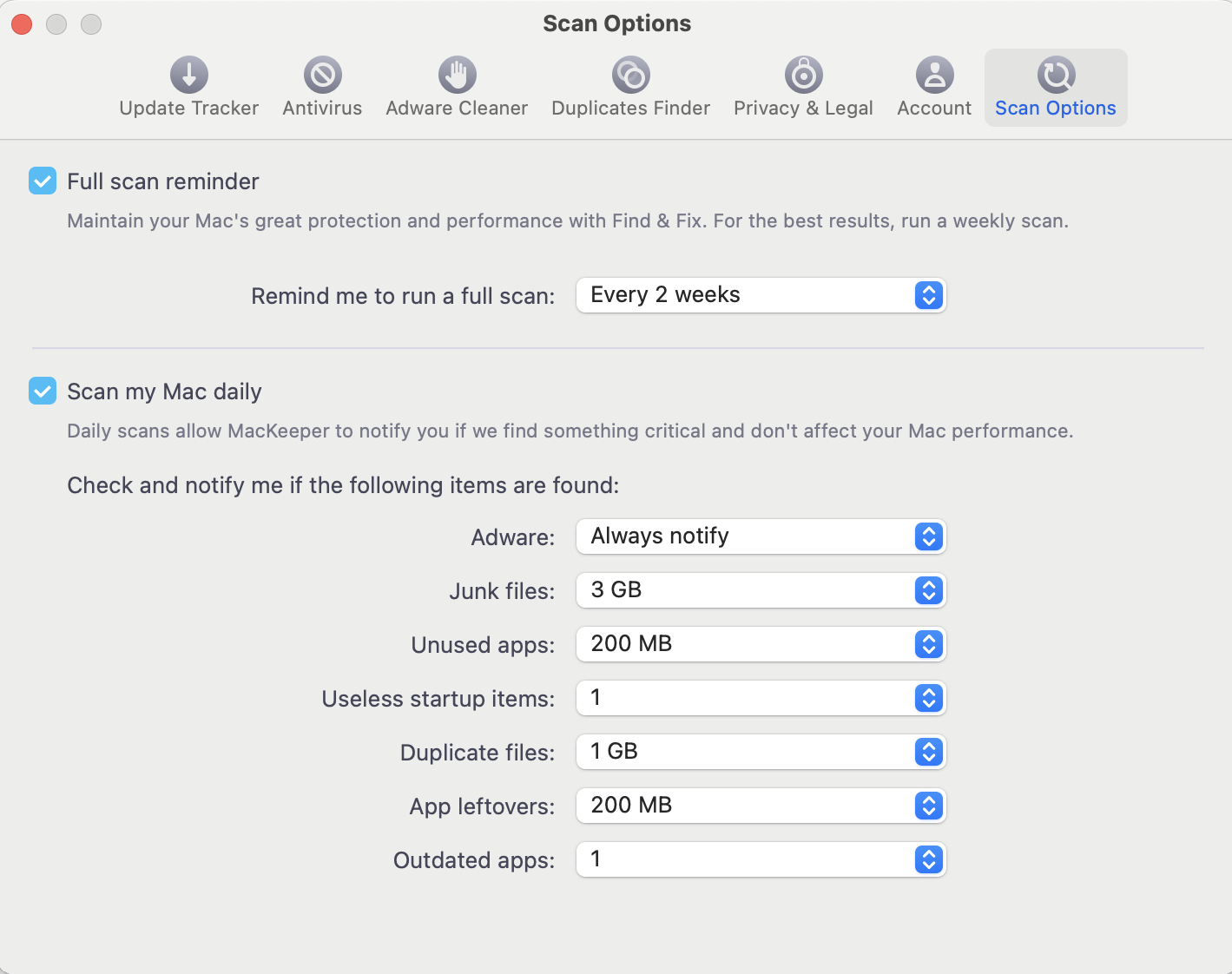 MacKeeper scan customization options window