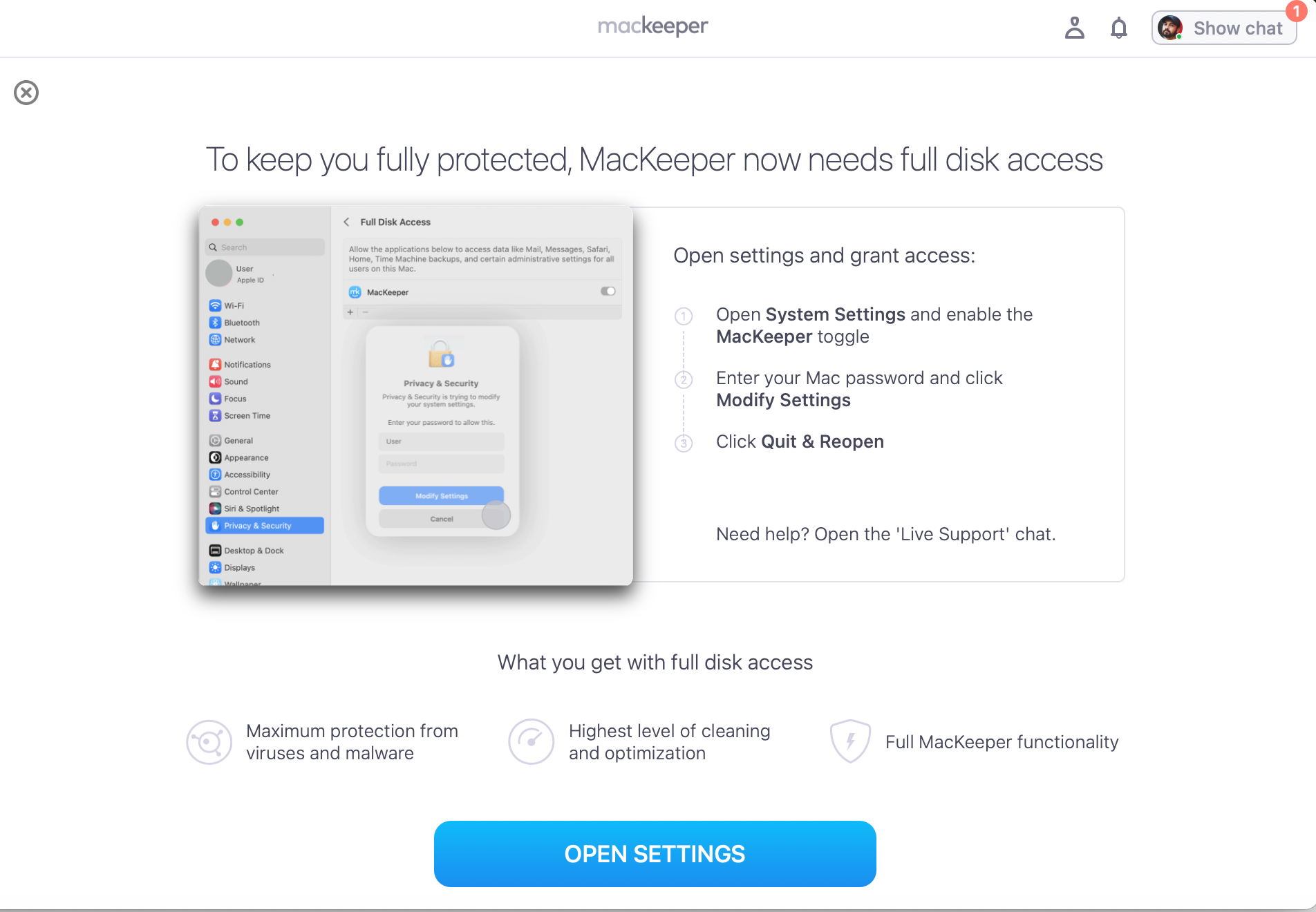 MacKeeper setup instructions for full disk access