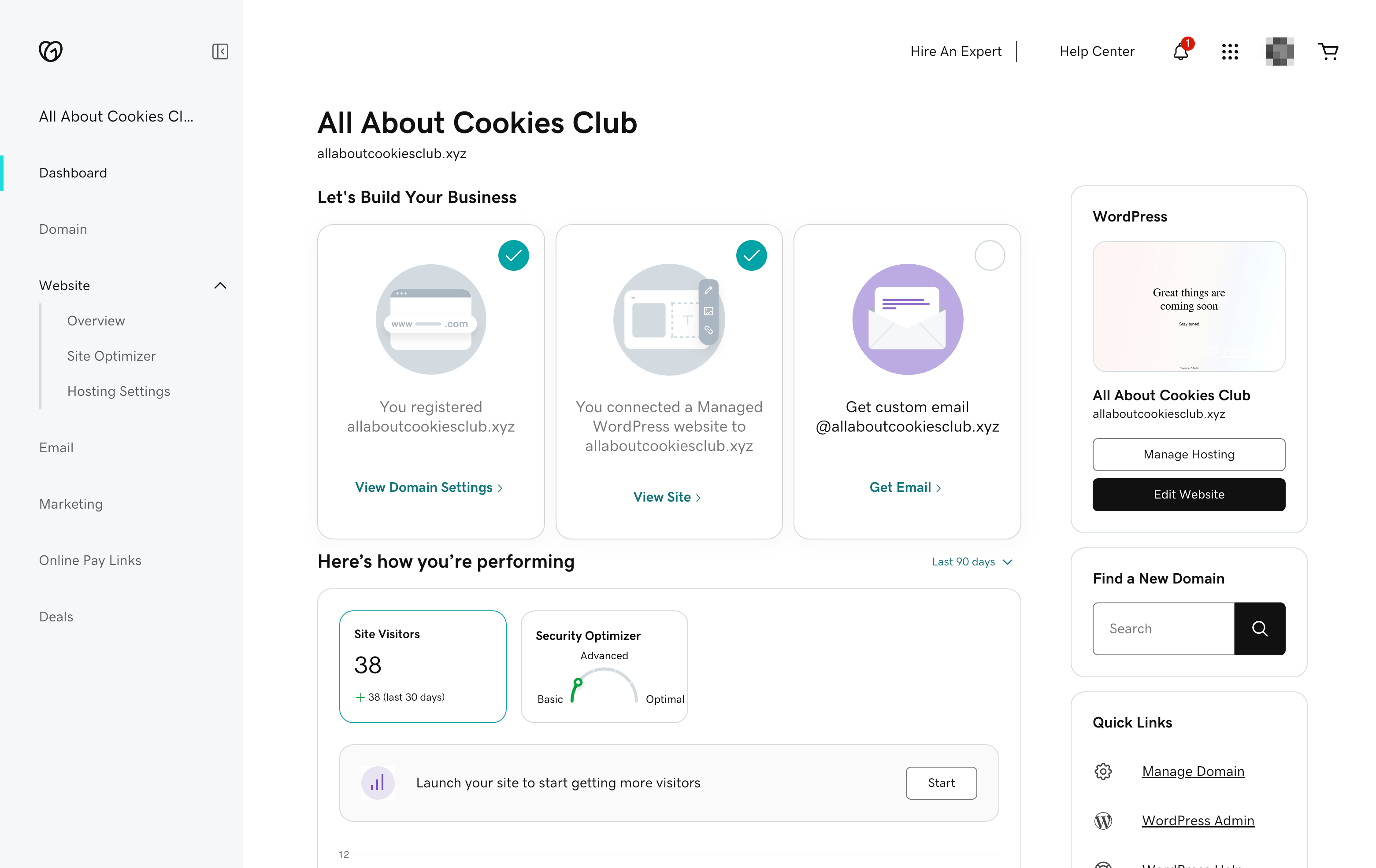 GoDaddy web hosting dashboard