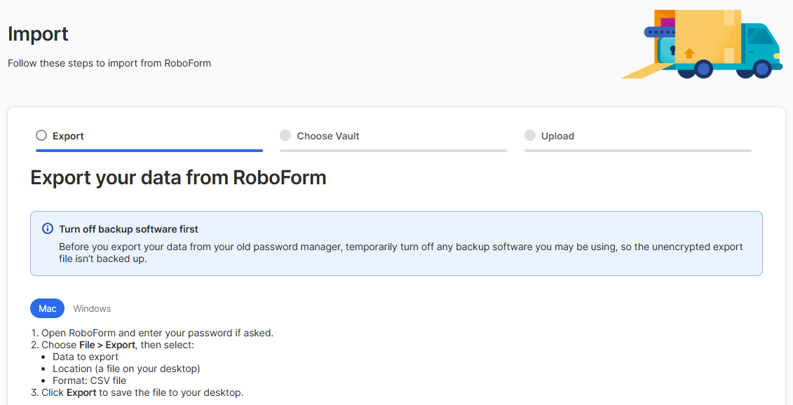 1Password's instructions for exporting from Roboform
