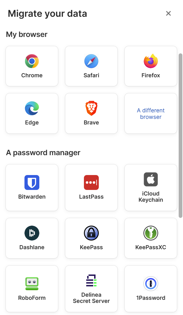 1Password list of import options (browsers and password managers)
