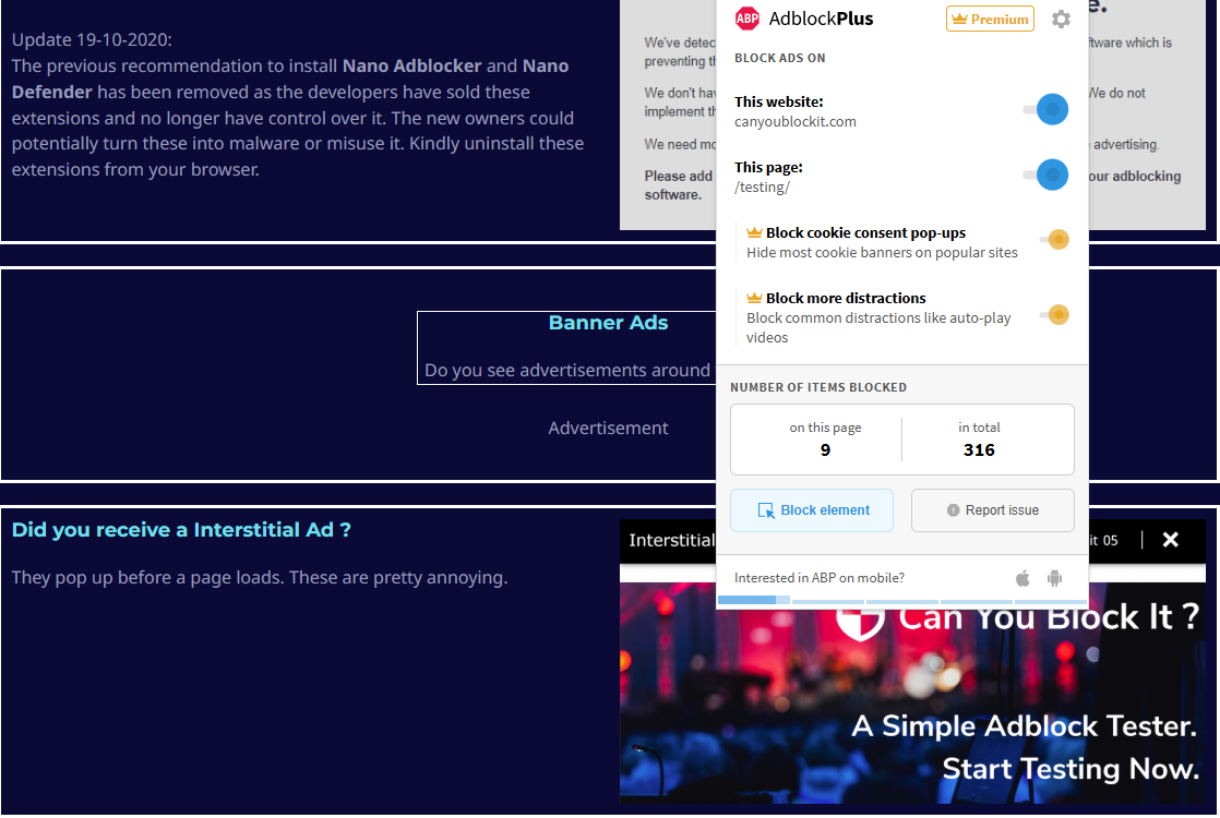 Adblock Plus's Can You Block It test results (3/3)