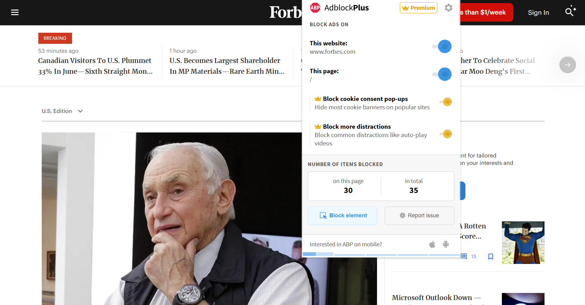 Forbes homepage with Adblock Plus extension open