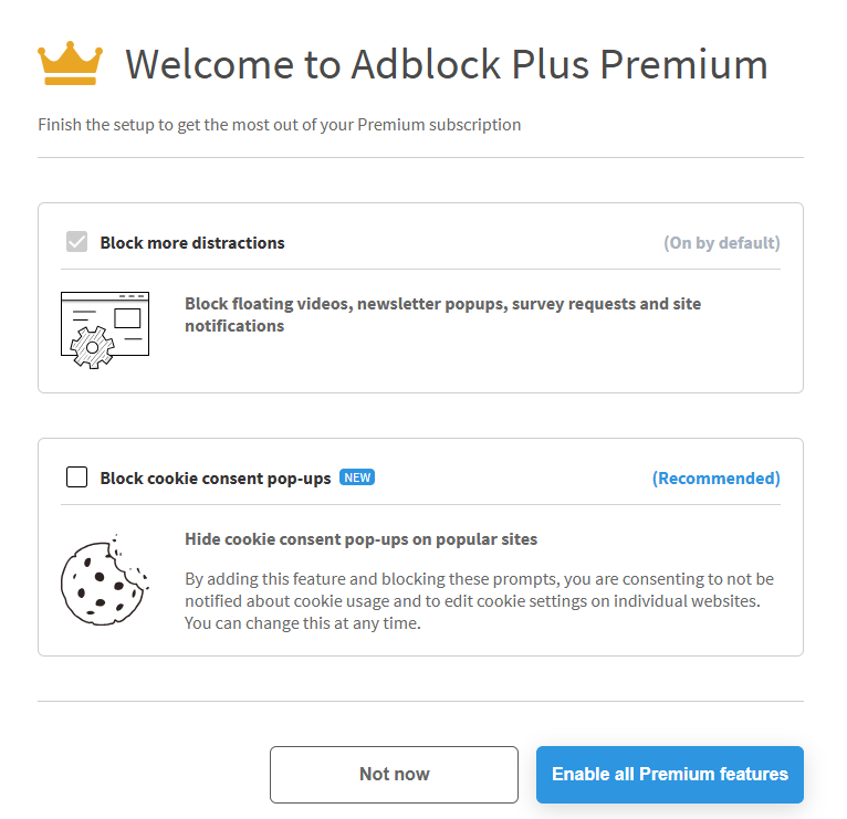 Adblock Plus Premium welcome page with extra settings to enable