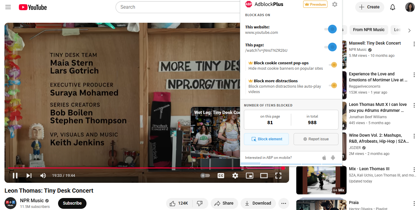 End of a YouTube video with Adblock Plus extension open in the foreground