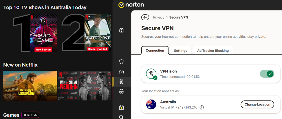 Netflix list of top shows in Australia today with Norton SecureVPN in the foreground