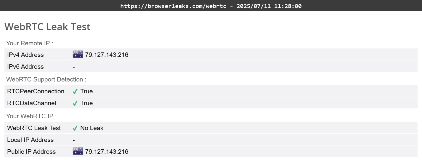 Norton Secure VPN's WebRTC leak test results (pass). 