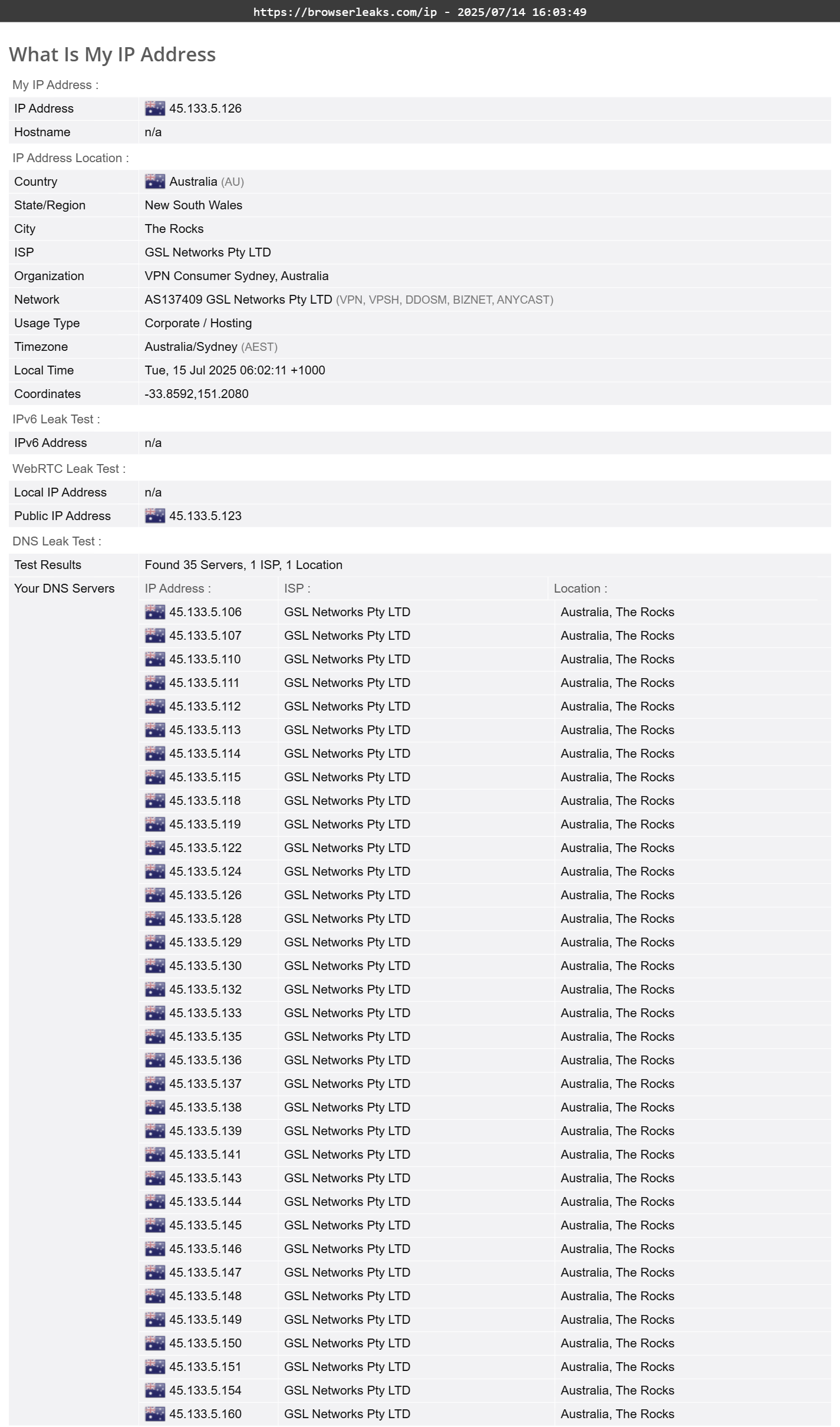 ExpressVPN's DNS leak test results (pass)