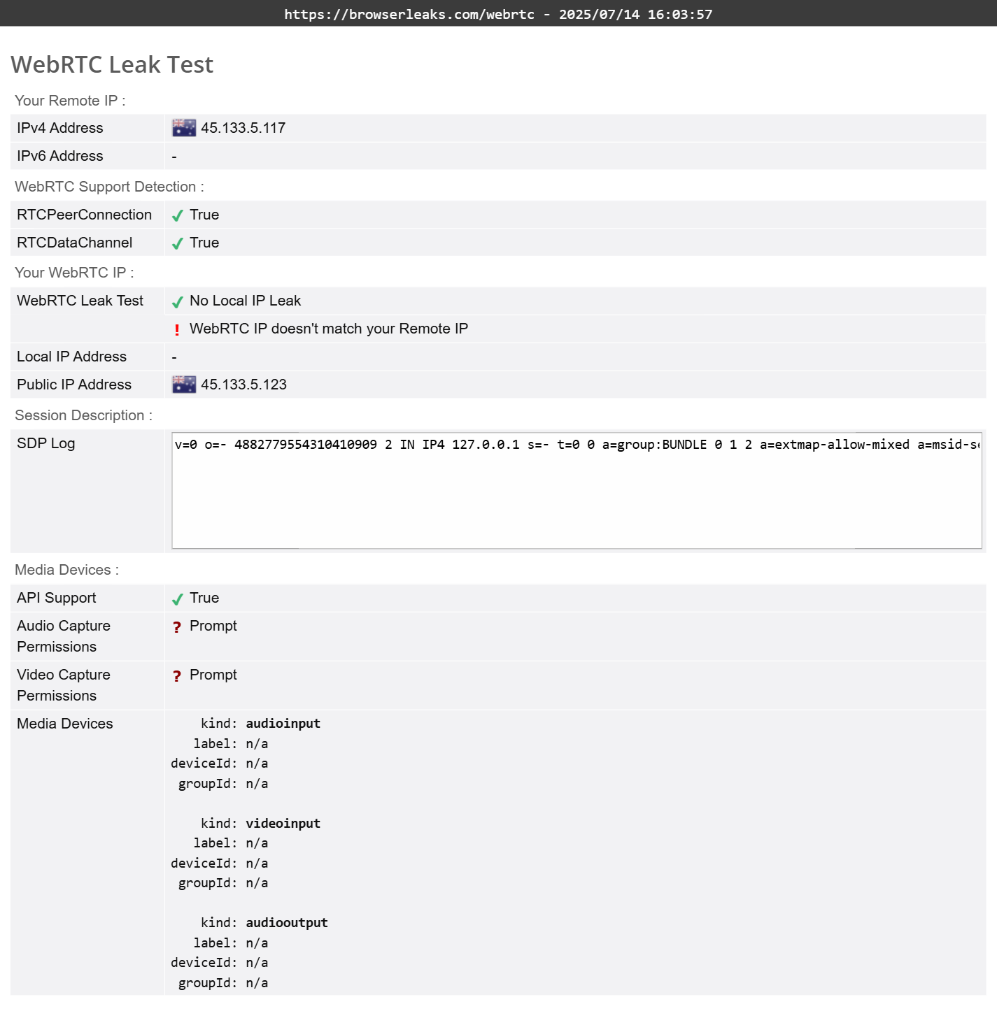 ExpressVPN's WebRTC leak test (partial pass)
