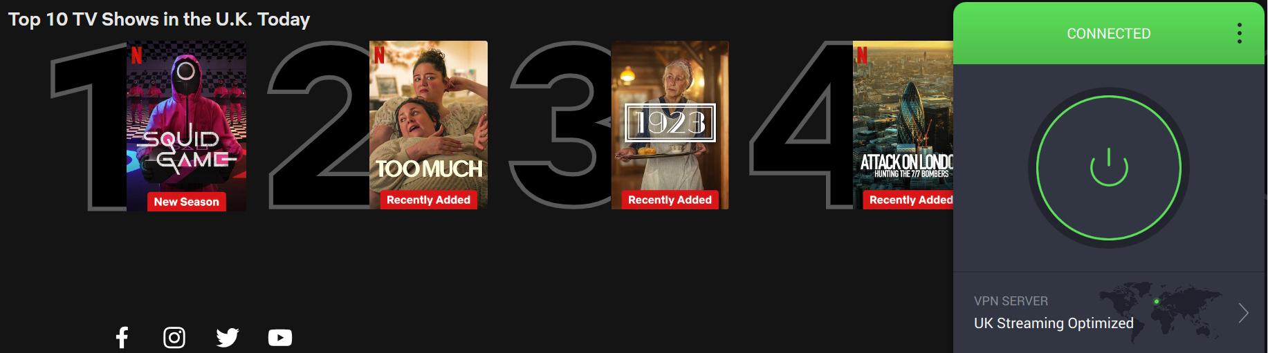 Netflix list of top shows in the U.K. with Private Internet Access in the foreground