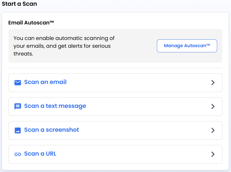 OmniWatch scam scan options (scan an email, scan a text message, scan a screenshot, scan a URL)