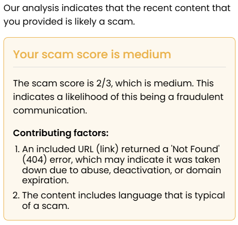 OmniWatch scanner tool results, detecting that a text message has the medium likelihood of being a scam.