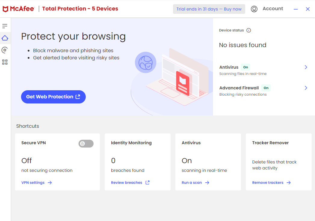 McAfee Antivirus dashboard