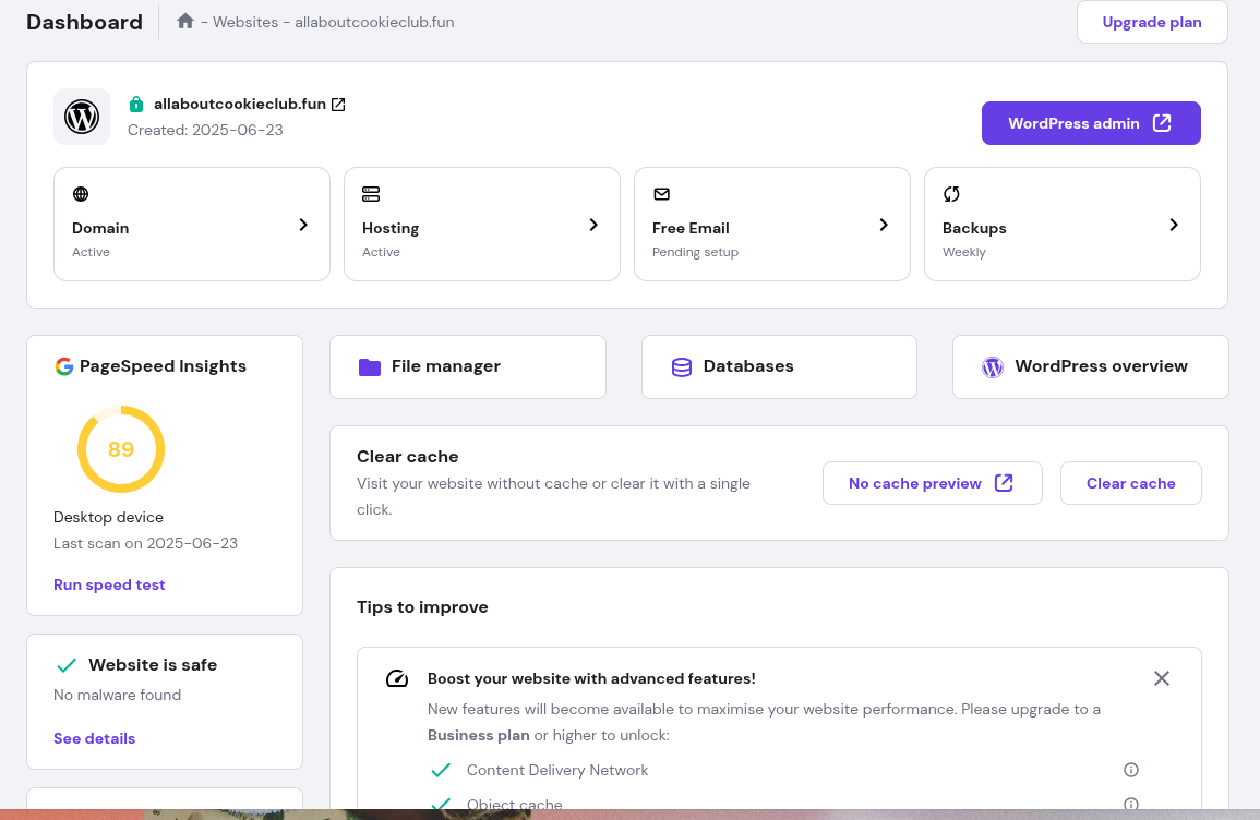 Hostinger web hosting main dashboard