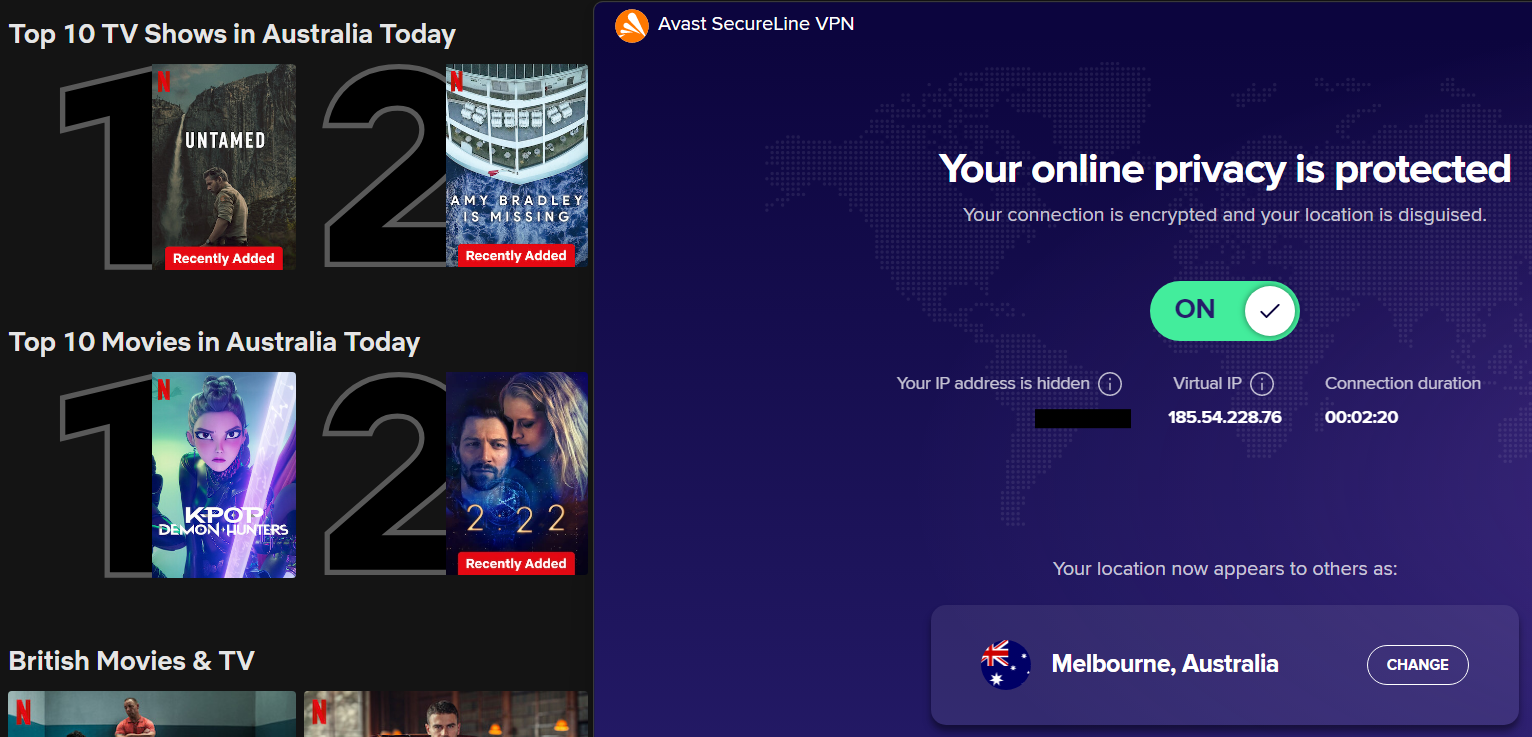 Netflix lists of top shows and movies in Australia with Avast SecureLine VPN in the foreground