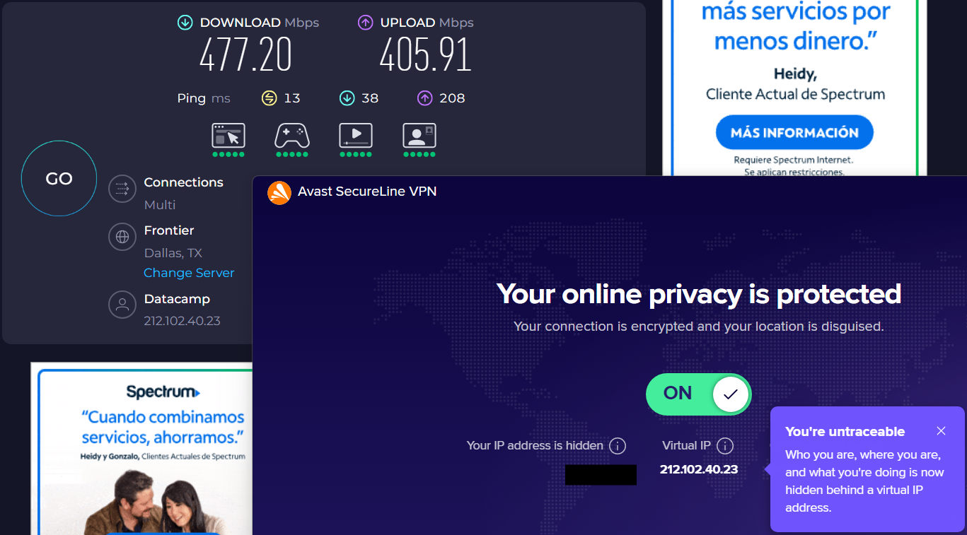 Speed test results for Avast SecureLine VPN whileconnected to a server in Dallas {477.20 download, 405.91 upload, 13 ping)