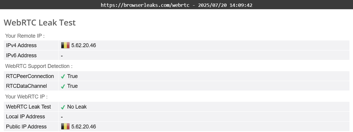 Avast SecureLine VPN's WebRTC leak test results (pass)