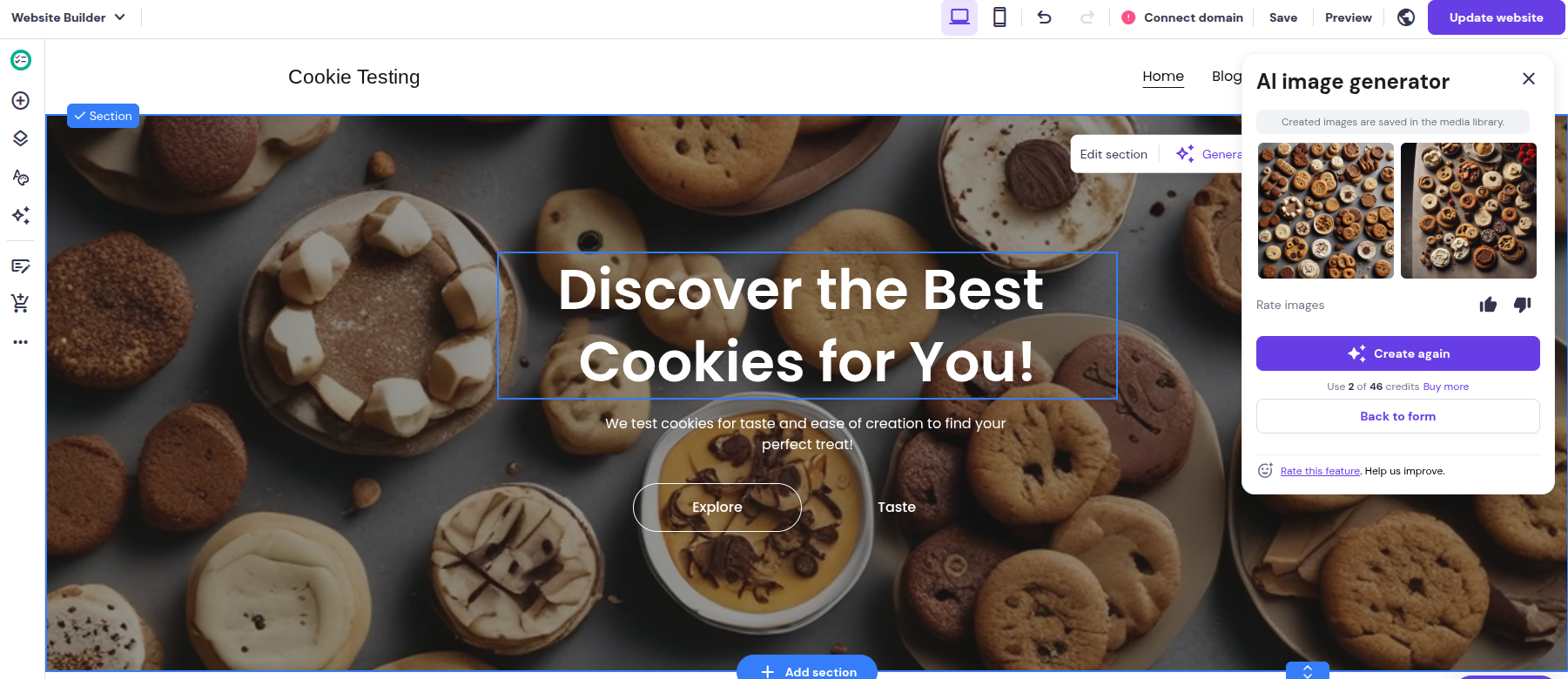 Hostinger AI image generator for All About Cookies test website