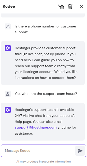 Hostinger web hosting chatbot Kodee for All About Cookies review
