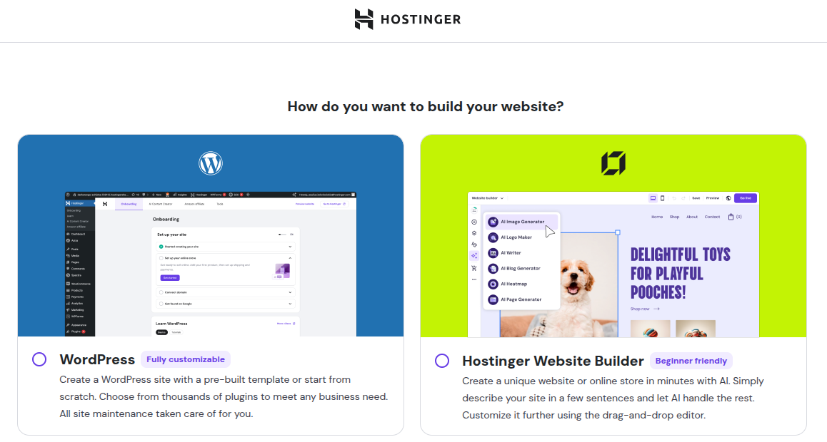 Hostinger website builder options, including Hostinger proprietary builder or WordPress