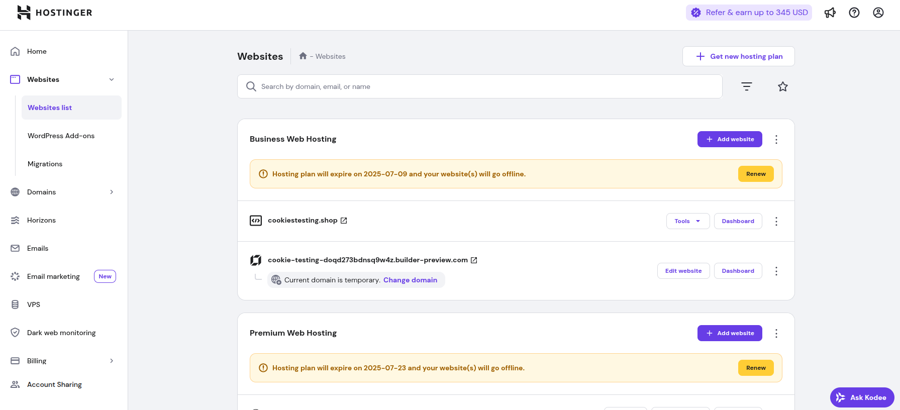 Hostinger web hosting website list