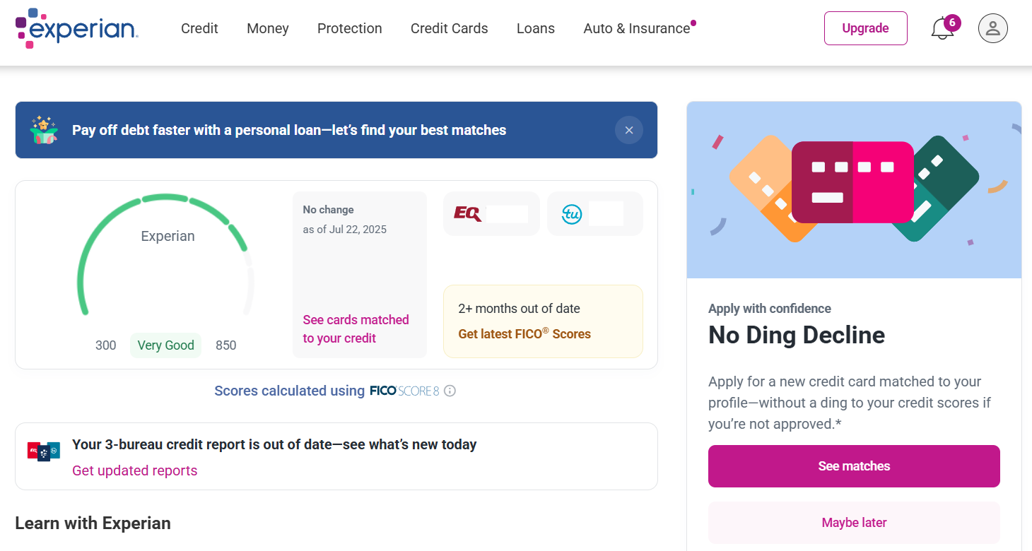 Experian credit monitoring dashboard 