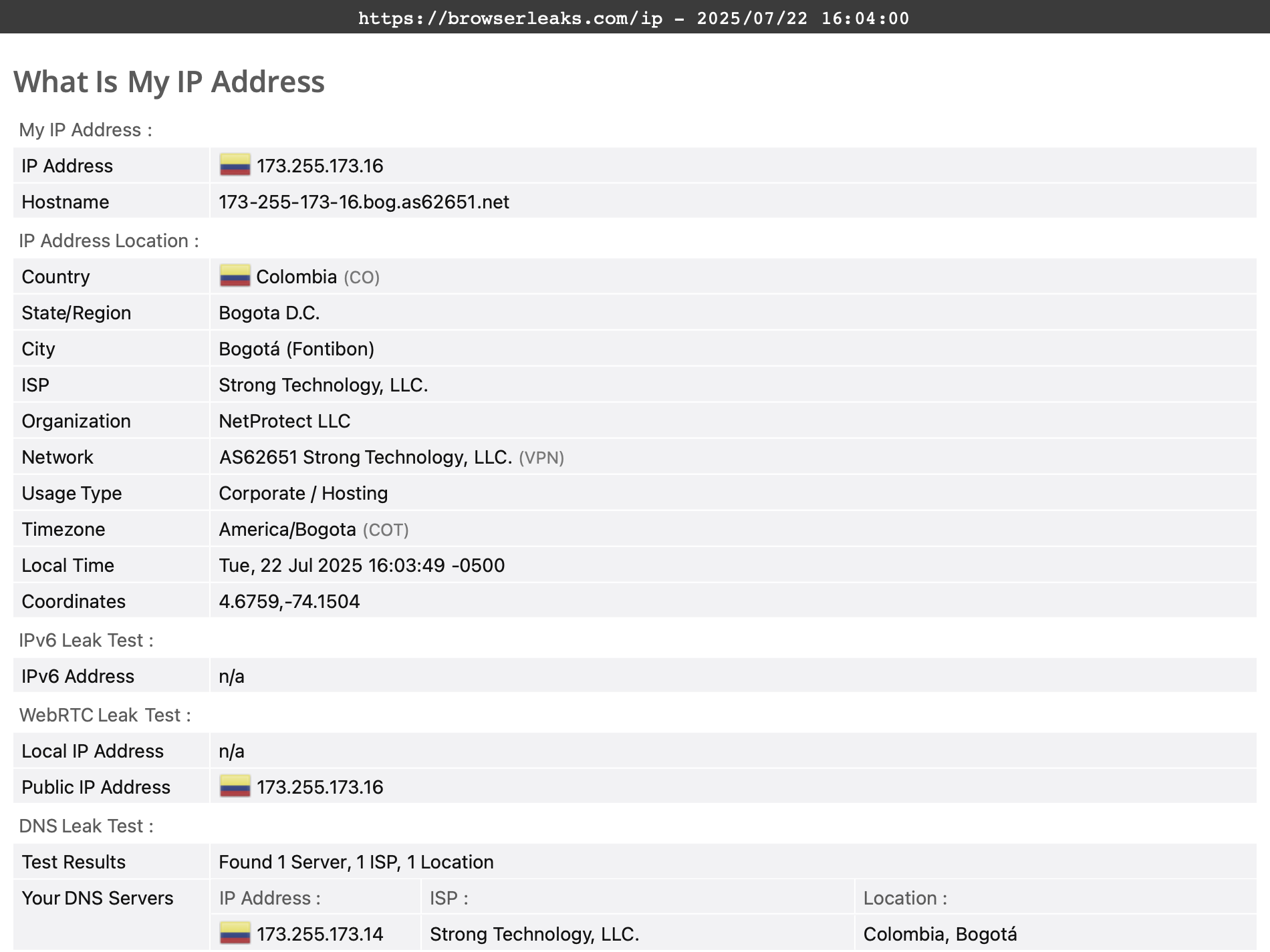 IPVanish's DNS leak test results (pass) 