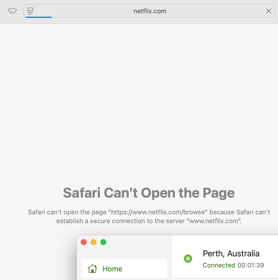Safari failing to open a page with IPVanish in the foreground (connected to Australia server)
