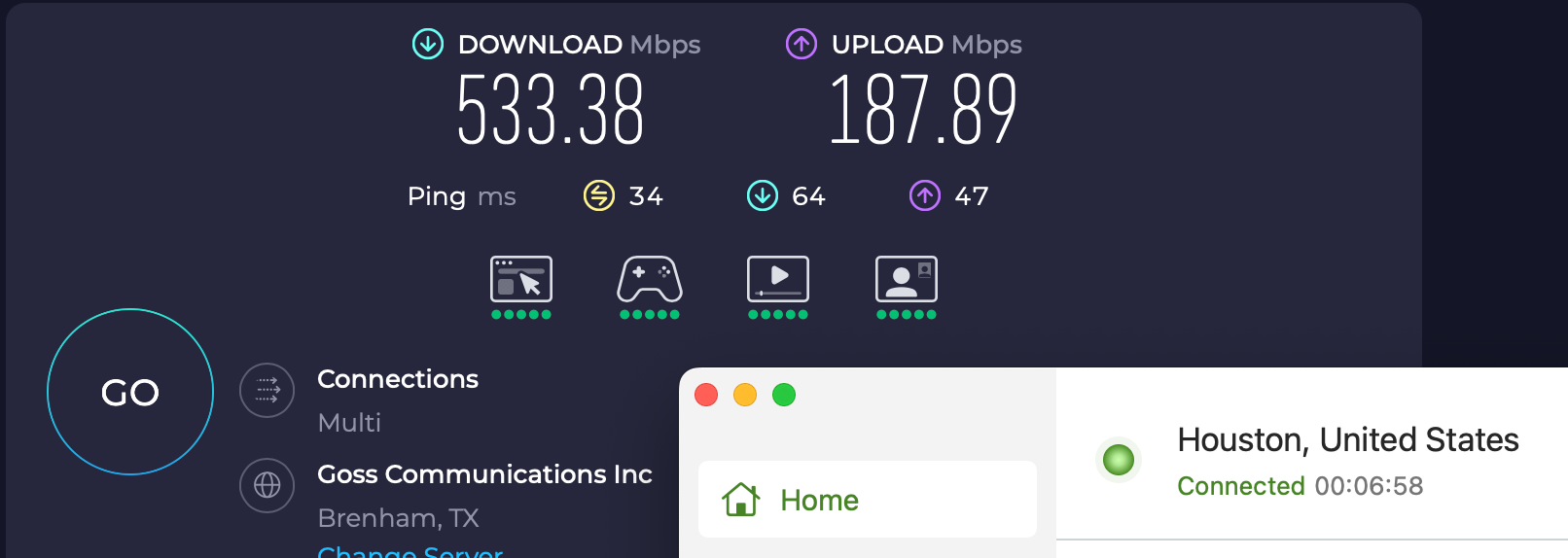 Speed test results for IPVanish while connected to a server in Dallas, Texas (533.38 download, 187.89 upload, 34 ping)