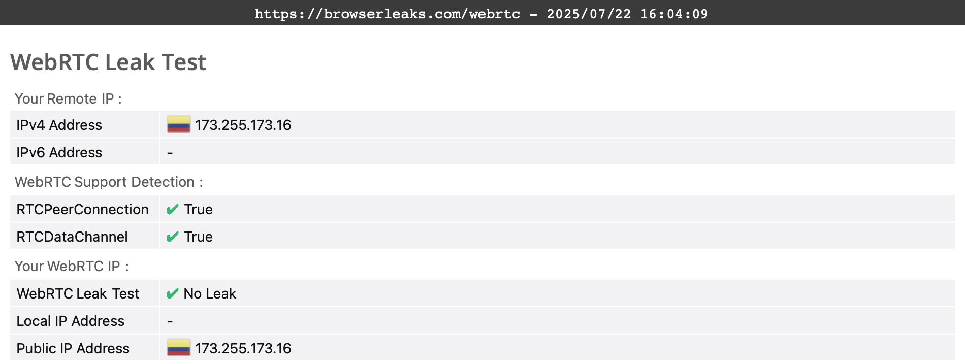 IPVanish's WebRTC leak test results (pass)