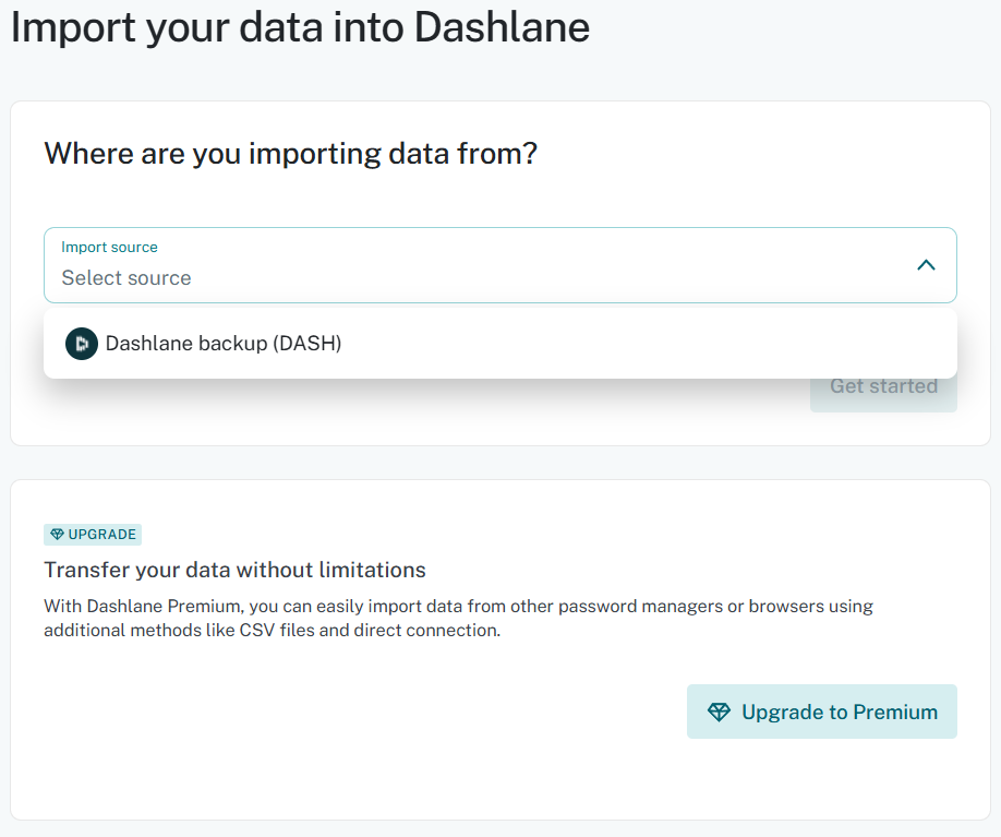 Dashlane import your data page with import source dropdown open