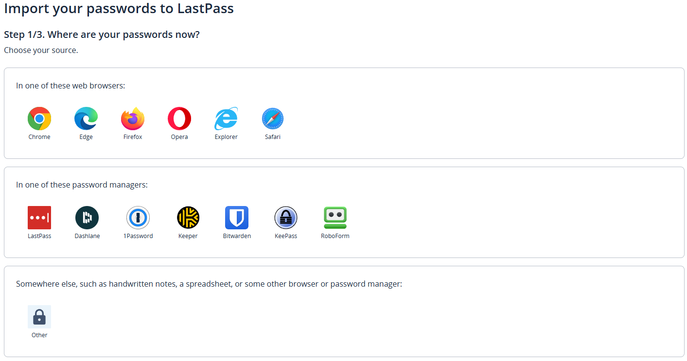 LastPass list of import options from browsers, other password managers, and other