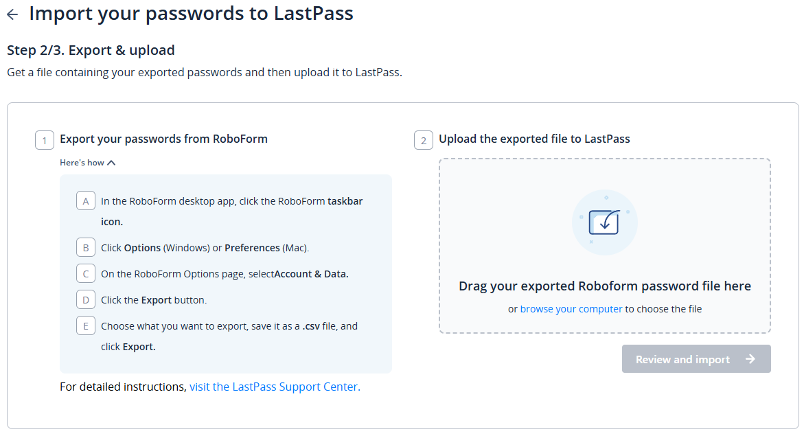 LastPass instructions on how to export passwords from Roboform to LastPass