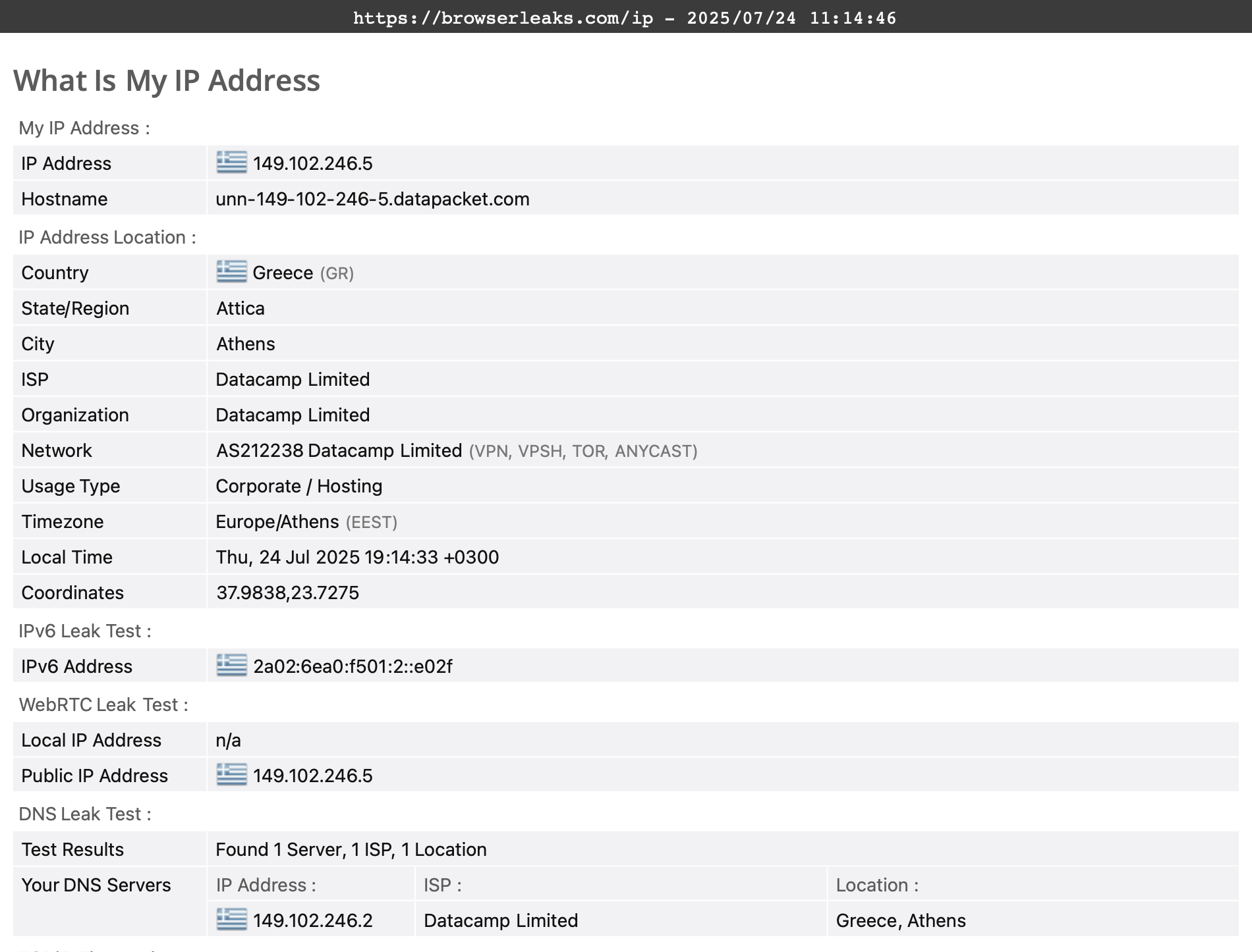 Mullvad's DNS leak test results (pass)