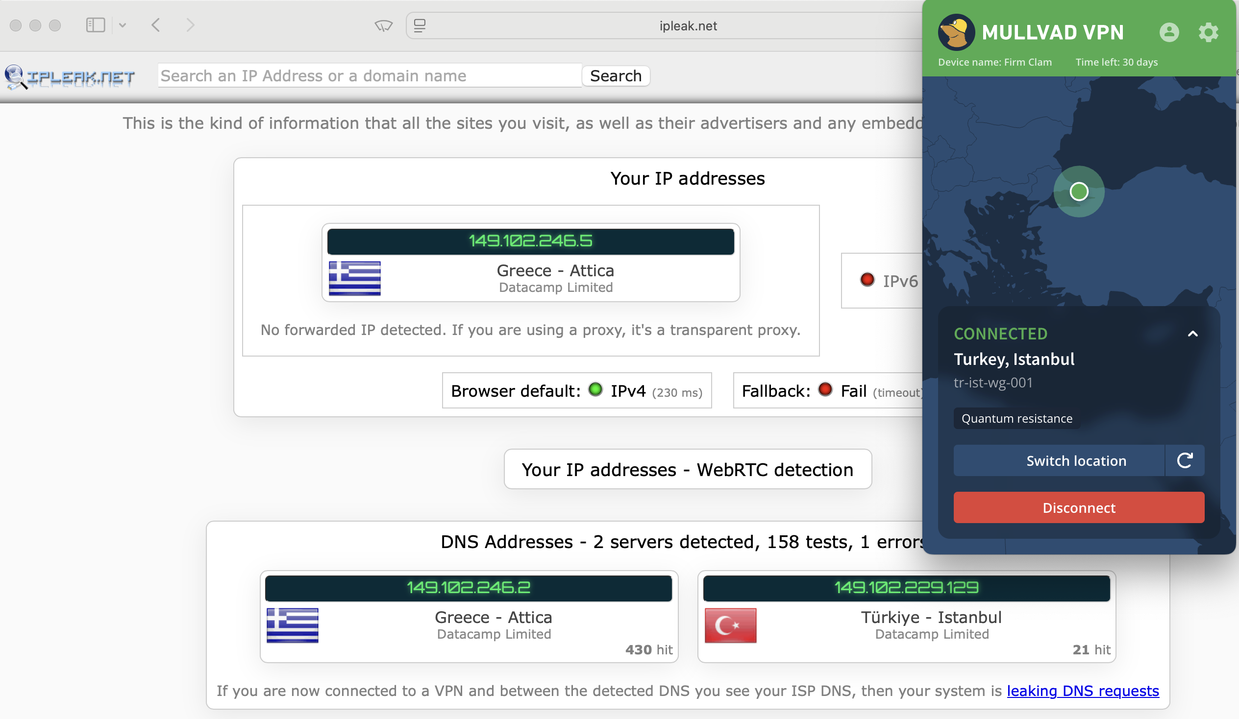 Mullvad's kill switch test results (pass)